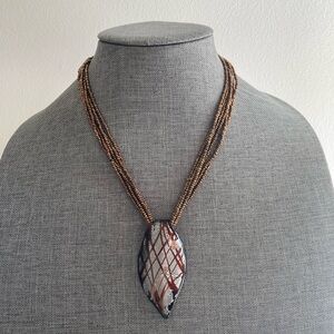 Dichroic glass metallic copper seed bead statement pendant multi strand necklace